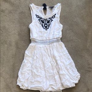 Boho white peasant dress with blue embroidery